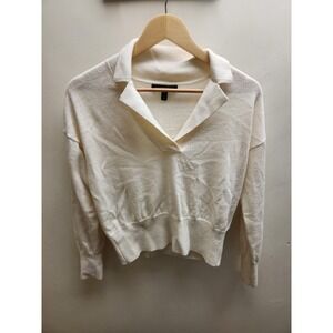 Banana Republic Merino Wool Polo Sweater Cream Ivory V-Neck Knit Petite Small